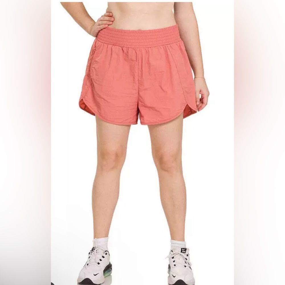 ZENANA Plus Windbreaker Smocked Waistband Running Shorts 1X Ash Rose NWT